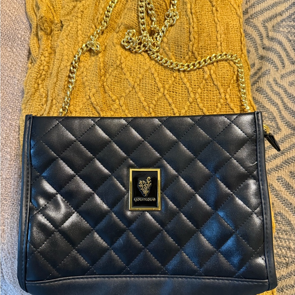 Younique Quilted Black Crossbody Bag with Gold Chain